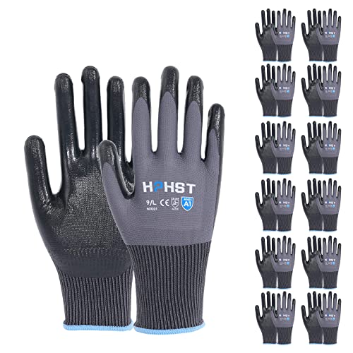 HPHST Handschuhe Arbeitshandschuhe, 12 Paar Arbeitshandschuhe Herren Damen mit Nitril-Beschichtung Gartenhandschuhe Touchscreen Arbeit Handschuhe Schutzhandschuhe für Montagearbeit (Grau, Large) von HPHST