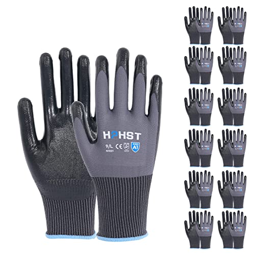 HPHST Handschuhe Arbeitshandschuhe, 12 Paar Arbeitshandschuhe Herren Damen mit Nitril-Beschichtung Gartenhandschuhe Touchscreen Arbeit Handschuhe Schutzhandschuhe für Montagearbeit (Grau, Small) von HPHST