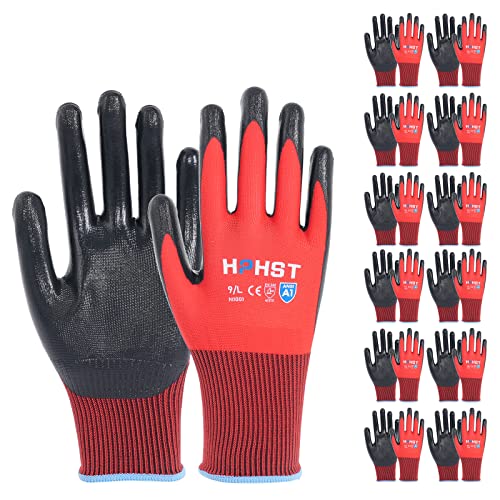 HPHST Handschuhe Arbeitshandschuhe, 12 Paar Arbeitshandschuhe Herren Damen mit Nitril-Beschichtung Gartenhandschuhe Touchscreen Arbeit Handschuhe Schutzhandschuhe für Montagearbeit (Rot, Medium) von HPHST