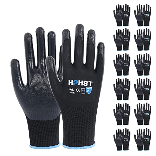 HPHST Handschuhe Arbeitshandschuhe, 12 Paar Arbeitshandschuhe Herren Damen mit Nitril-Beschichtung Gartenhandschuhe Touchscreen Arbeit Handschuhe Schutzhandschuhe für Montagearbeit (Schwarz, Large) von HPHST