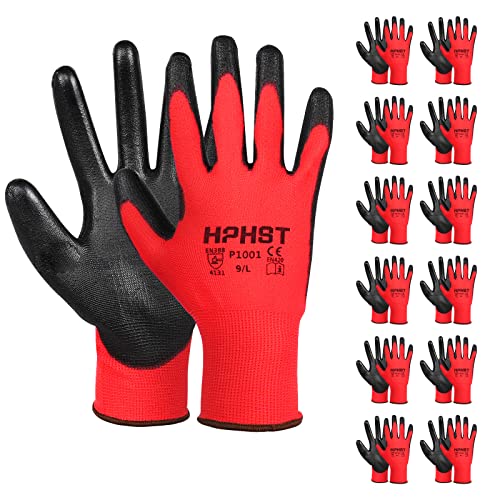 HPHST PU Besichtet Arbeitshandschuhe, 12 Paar Arbeit Handschuhe für Herren und Damen Rutschfeste Montagehandschuhe Gartenhandschuhe mit PU-Beschichtung für Bauarbeiter Mechaniker, Rot (XL) von HPHST