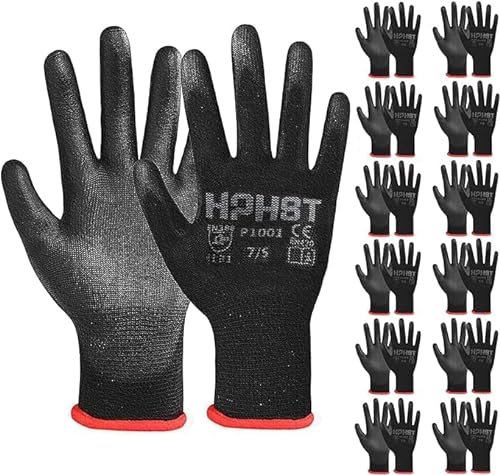 HPHST PU Besichtet Arbeitshandschuhe, 12 Paar Arbeit Handschuhe für Herren und Damen Rutschfeste Montagehandschuhe Gartenhandschuhe mit PU-Beschichtung für Bauarbeiter Mechaniker, Schwarz (Medium) von HPHST