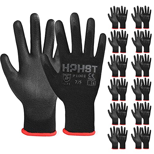 HPHST PU Besichtet Arbeitshandschuhe, 12 Paar Arbeit Handschuhe für Herren und Damen Rutschfeste Montagehandschuhe Gartenhandschuhe mit PU-Beschichtung für Bauarbeiter Mechaniker, Schwarz (XX-Large) von HPHST