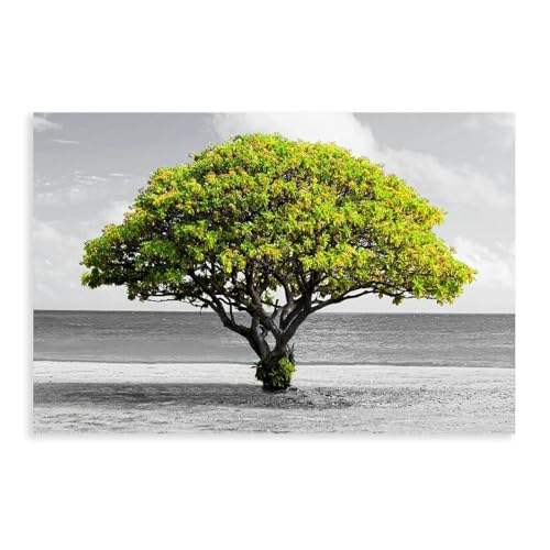 HPIOJQGOO Leinwandposter mit großem grünen Baum am Strand, Wandkunst, Dekordruck, Bild für Wohnzimmer, Schlafzimmer, Dekoration, 60 x 90 cm von HPIOJQGOO