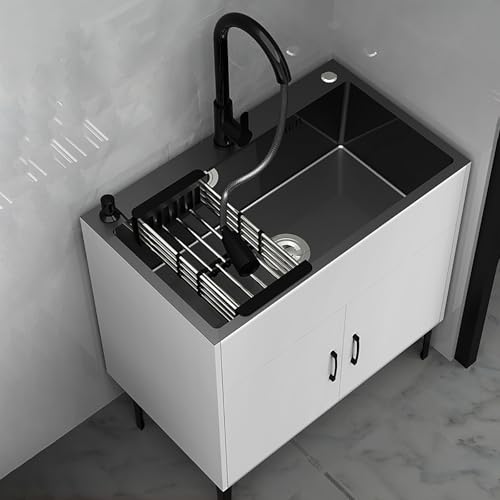 Edelstahl Küchenspüle,Einzelnes Waschbecken mit Unterschränken aus Bambus，Einfach zu säubern，Freistehendes Spülbecken aus für Waschküche,Mit ausziehbarem Warm- und Kaltwasserhahn,für Küche,Waschküche( von HPIRFYE