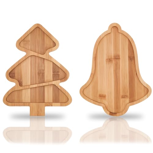 2 Stück Weihnachtsbaum Xmas Bell Dessert Serviertablett Weihnachten Charcuterie Sushi Schneidebrett Schneidebrett Holzbrett geteilter Teller Obst Snack Süßigkeiten Dish Tray Xmas Holiday Servieren von HPMAISON