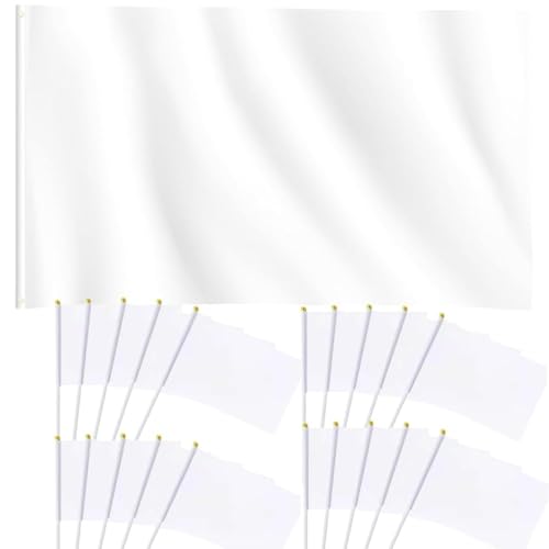DIY Eine 90 * 150cm Blanko-Flagge und 20 Stück Mini Handgehaltene Flagge 21 * 14cm Reine Weiße Hand Winkende Fahnen mit Zwei Messing-Ösen Selbst Entworfen Polyester Party Urlaub Dekorationen von HPMAISON