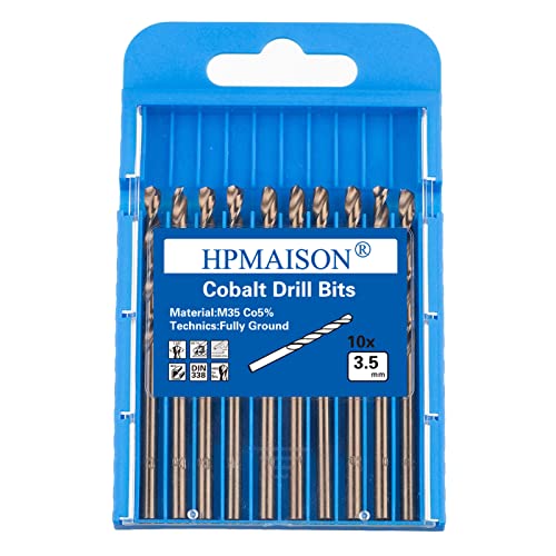 HPMAISON 10 Stück M35 HSS Cobalt Bohrer Kobalt Jobber Bohrer Set Spiralbohrer zum Bohren auf Edelstahl, Harte Stähle, Metall (3,5mm x 70mm) von HPMAISON