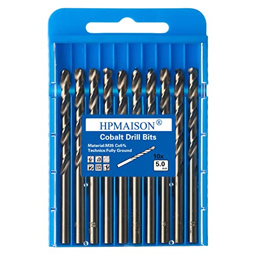 HPMAISON 10 Stück M35 HSS Cobalt Bohrer Kobalt Jobber Bohrer Set Spiralbohrer zum Bohren auf Edelstahl, Harte Stähle, Metall (5mm x 86mm) von HPMAISON