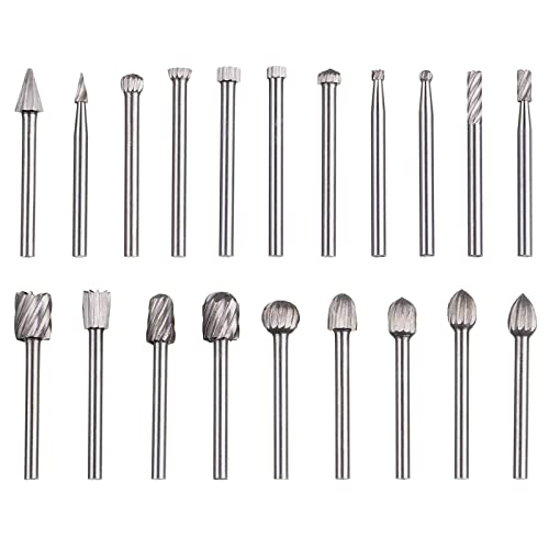 HPMAISON 20tlg. HSS Drehfräser Set für Rotary Tool, 3mm Schaft Holzschnitzerei Bohrer Set für DIY Holzarbeiten, Schnitzen, Gravieren, Bohren von HPMAISON