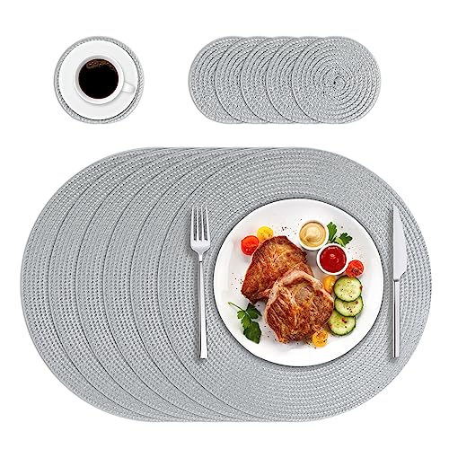 HPMAISON Grau Runde Tischsets und Untersetzer 6er Set, PP Geflochten Gewebt Tischsets Hitzebeständig Waschbar Küche Esszimmer Platzsets 6er Set für Zuhause, Restaurant Hotel, Outdoor, Party von HPMAISON