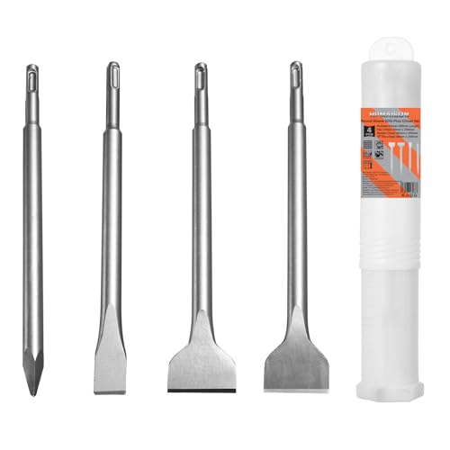 HPMAISON SDS Plus Meißel Set, 4 tlg SDS Plus Hammer Meißel Set, mit Fliesenmeißel - Stein- u. Beton-Meißel Satz - verpackt in einer praktischen Drehbox von HPMAISON