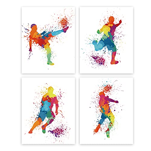 Fußball-Kunstdruck, Wasserfarben, Fußballspieler-Kunst, Poster, Set von 4 (20.3 x 25.4 cm), Fußball-Bilder, Leinwand, abstraktes Sport-Wandbild, Bild für Jungen, Teenager, Dekoration, ungerahmt von HPNIUB