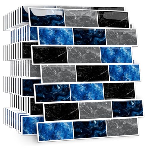 HPNIUB 10 Stück Blau Klebefliesen Küche Kachelaufkleber Fliesenaufkleber Küchenrückwand Fliesen Metro Fliesen Wandfliesen Selbstklebend Weiß Bad Küche Keramikfliesen 30 x 30cm von HPNIUB