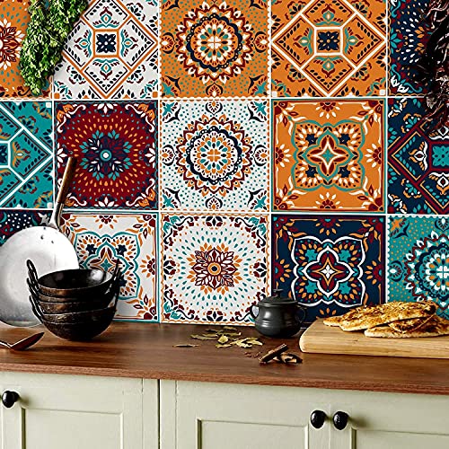 HPNIUB 20×20CM Mosaik Küche Wandaufkleber,Bunt Wandfliese Aufkleber,DIY Marokkanischer Fliesenaufkleber für Badezimmer,Selbstklebende Treppenaufkleber Fliesenfolie,Wasserdicht Wandaufkleber,16 Stück von HPNIUB