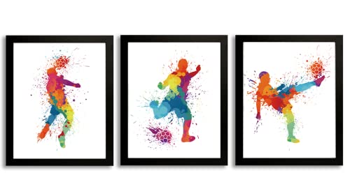 HPNIUB Fußball-Kunstdruck, Aquarell-Fußballspieler, Kunstdruck, Poster, 3er-Set (20.3 x 25.4 cm, mit Rahmen), Fußball-Bilder, Leinwand, abstrakter Sport, Teenager, Wohnzimmer Dekor von HPNIUB