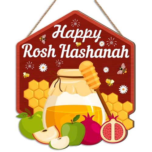 HPNIUB Happy Rosh Hashanah Holzschild Jüdisches Neujahrsfest Wanddekoration mit "Shana Tova" Apfel & Honig Motiv Home Deko · Jüdische Feiertagsdekoration für Zuhause 25x29cm von HPNIUB