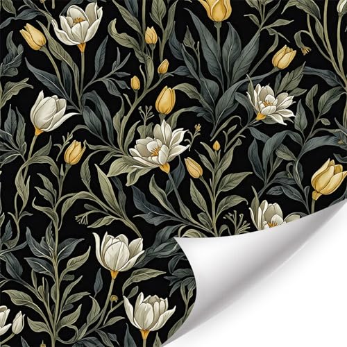 HPNIUB Schwarz-Grüne Botanik-Tapete Selbstklebend - Vintage Blumenmuster Abziehbare Wandfolie für Wohnzimmer, Schlafzimmer & Bad (44x300cm) von HPNIUB