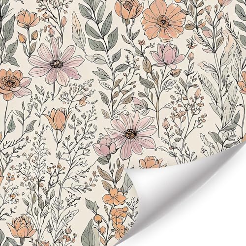 HPNIUB Selbstklebende Beige Tapete mit Rosa Blumen - Abziehbare Wasserdichte Boho Blatt Botanik Wandfolie für Badezimmer Schlafzimmer Wohnzimmer Kinderzimmer (44x300cm) von HPNIUB