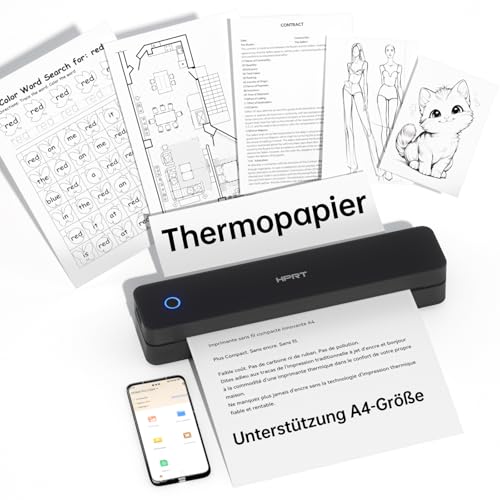 HPRT tragbarer Drucker drahtlos für Reisen, Bluethooth Tintenloser Thermodrucker Unterstützung für A4-Papier, kompatibel mit iOS, Android, Laptop für Büro und Zuhause, schwarz von HPRT