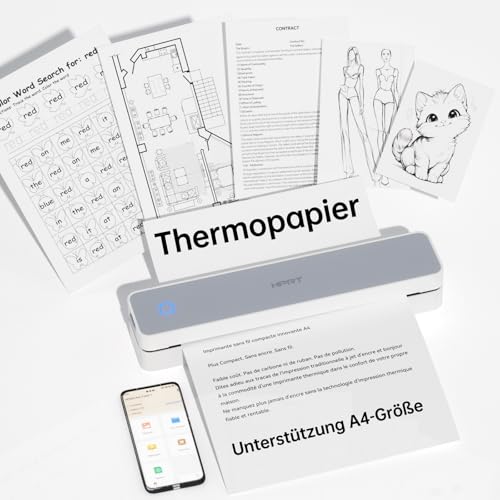 HPRT tragbarer Drucker drahtlos für Reisen, Bluethooth Tintenloser Thermodrucker Unterstützung für A4-Papier, kompatibel mit iOS, Android, Laptop für Büro und Zuhause, Weiß-Grau von HPRT
