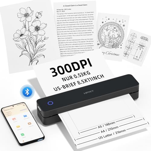 HPRT tragbare Drucker drahtlos für Reisen, Bluetooth Thermodrucker kompatibel mit iOS, Android & Laptop, Unterstützung 8.5x11 US Letter & A4 Thermopapier, Tintenloser mobiler Drucker,Reinschwarz von HPRT