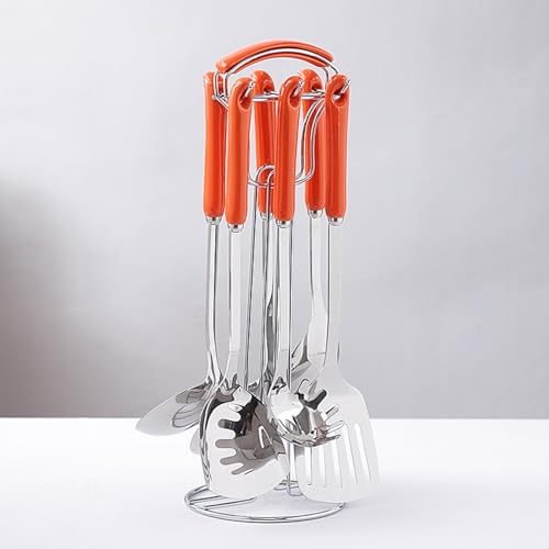 7-Teiliges Küchensilien-Set Aus Metall, Küchengeschirr-Kochgeschirr-Set, Hochglanzpolierter 304 Edelstahl, Küchen-Kochsilien-Set Mit Halter, Hitzebestä,Orange von HPTHLY