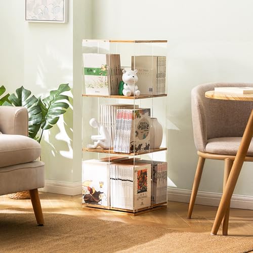 HPTHLY Um 360 Grad Drehbares Bücherregal Mit Transparentem Acryl- Und Bambusdesign Für Schlafzimmer Und Wohnzimmer. Drehturm-Bücherregal Für Arbeitszimmer,Fully Transparent-3 Tier von HPTHLY