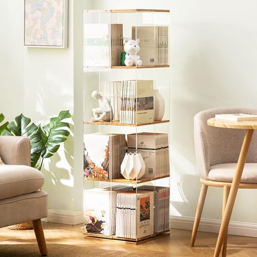 HPTHLY Um 360 Grad Drehbares Bücherregal Mit Transparentem Acryl- Und Bambusdesign Für Schlafzimmer Und Wohnzimmer. Drehturm-Bücherregal Für Arbeitszimmer,Fully Transparent-4 Tier von HPTHLY