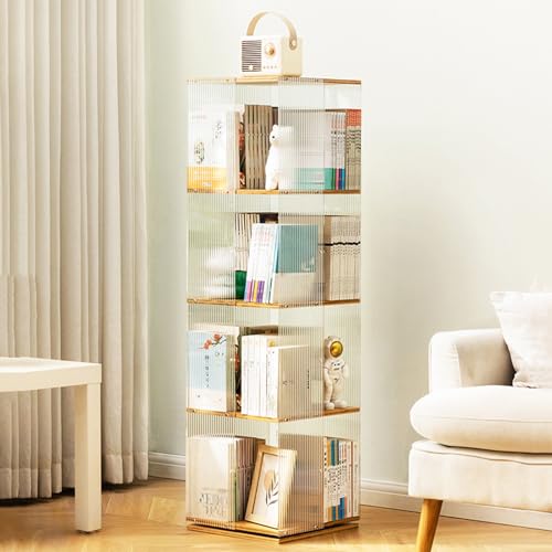 HPTHLY Um 360 Grad Drehbares Bücherregal Mit Transparentem Acryl- Und Bambusdesign Für Schlafzimmer Und Wohnzimmer. Drehturm-Bücherregal Für Arbeitszimmer,Striped Transparent-4 Tier von HPTHLY