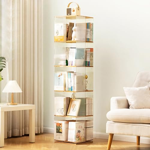 HPTHLY Um 360 Grad Drehbares Bücherregal Mit Transparentem Acryl- Und Bambusdesign Für Schlafzimmer Und Wohnzimmer. Drehturm-Bücherregal Für Arbeitszimmer,Striped Transparent-5 Tier von HPTHLY