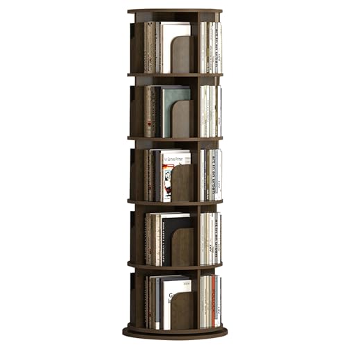 HPTHLY Um 360 Grad Drehbares Eck-Bücherregal Für Kleine Räume, Bodenstehendes Lagerregal, Organizer Für Schlafzimmer Und Wohnzimmer, Schmales Bücherregal Mit 6 Ebenen,Walnut-5tier von HPTHLY