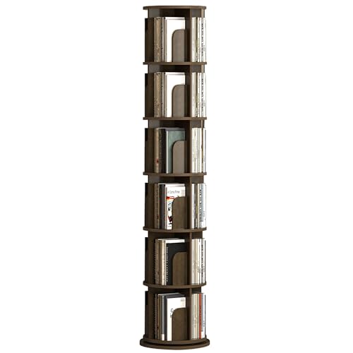 HPTHLY Um 360 Grad Drehbares Eck-Bücherregal Für Kleine Räume, Bodenstehendes Lagerregal, Organizer Für Schlafzimmer Und Wohnzimmer, Schmales Bücherregal Mit 6 Ebenen,Walnut-6tier von HPTHLY