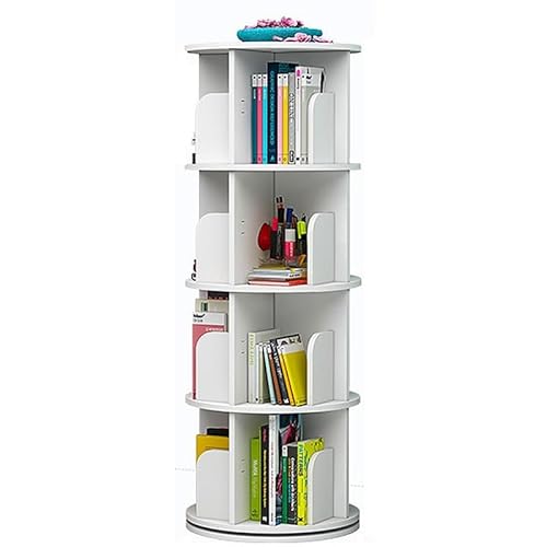 HPTHLY Um 360 Grad Drehbares Eck-Bücherregal Für Kleine Räume, Bodenstehendes Lagerregal, Organizer Für Schlafzimmer Und Wohnzimmer, Schmales Bücherregal Mit 6 Ebenen,White-4tier von HPTHLY