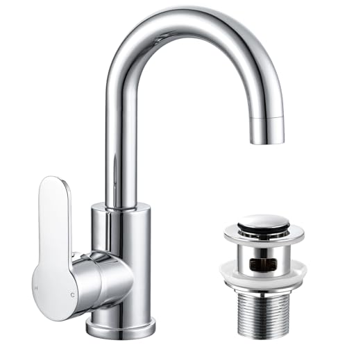 Waschtischarmatur, schwenkbar, Waschbeckenarmaturen für Badezimmer mit Pop-Up-Ablaufgarnitur, moderner Mono-Schwanenhals-Wasserhahn, Einhebel-Waschtischarmaturen für Waschraum, Chrom von HPWVKVDB