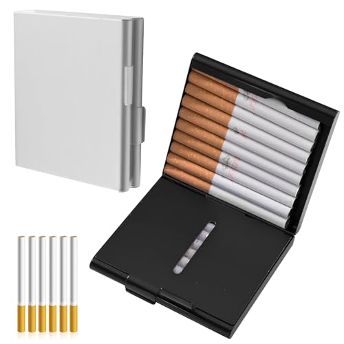 2pcs Extra schlankes Zigarettenetui aus hochwertigem Edelstahl, klassisch minimalistisch,Aluminium Zigarettenetui für 20 Zigaretten oder nur 18 Zigaretten(Silber/schwarzer) von HPiano