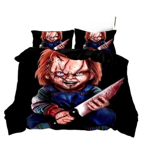 HQMOMO 3D Bedruckte Horror Puppe bettwäsche Set mit Kissen bezügen Kind des spiels Moive Charakter Chucky Puppe Bettbezug,Bettwäsche aus weicher Mikrofaser,Tease Freunde (C,155x220+75x50cmx2) von HQMOMO