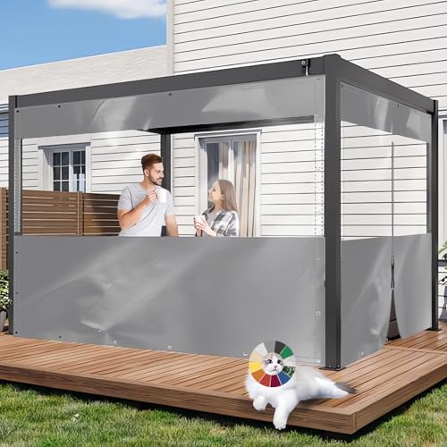HQQMNY Plane Terrassenplanen PVC Wasserdicht H2,2m x L2,8m Grau Transparent Outdoorvohang mit Ösen 0,4mm Pavillonplane 400g/㎡ Winddicht Schutzplane Wetterfeste Regenplane für Pergola Veranda von HQQMNY