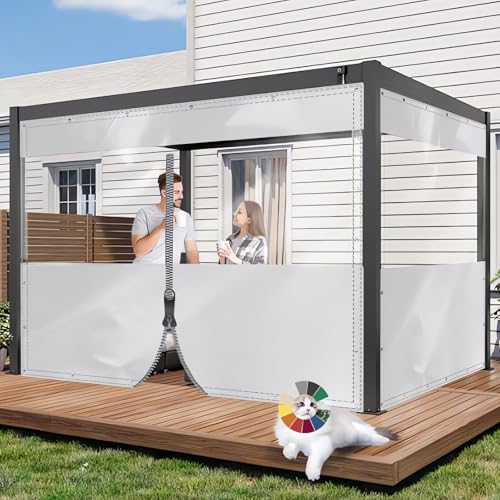 HQQMNY Plane mit Ösen mit Reißverschluss Wasserdicht H2,5m x L2,2m Weiß Outdoorvohang 0.4mm Plane Winddicht Pavillonplane 400g/㎡ Schutzplane Regenschutzplane für Pergola Veranda von HQQMNY
