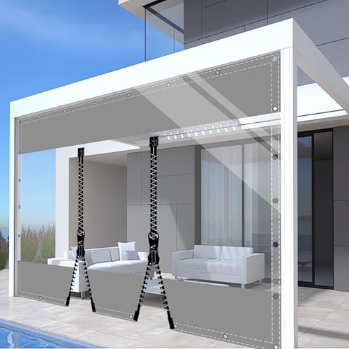 HQQMNY Transparent Outdoorvorhang Plane mit Ösen H2,4mxL3m PVC Winddicht Vorhang 0.5mm Wasserdichter Planen Trennvorhang für Garage Terrassen Gartenlauben Balkon Grau + 2 RV von HQQMNY