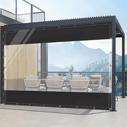 HQQMNY Transparent Outdoorvorhang Plane mit Ösen H2mxL2,4m PVC Winddicht Vorhang 0.5mm Wasserdichter Planen Trennvorhang für Garage Terrassen Gartenlauben Balkon Schwarz von HQQMNY