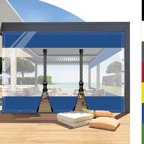 HQQMNY Transparent Plane mit ösen Abdeckplane Wasserfest 0.5mm Outdoorvorhänge mit Ösen Regenschutzplane Zeltplane aus 560g/m² PVC Kälteschutz (Blau + 2 Reißverschlüsse, H1,8mxL1,6m) von HQQMNY
