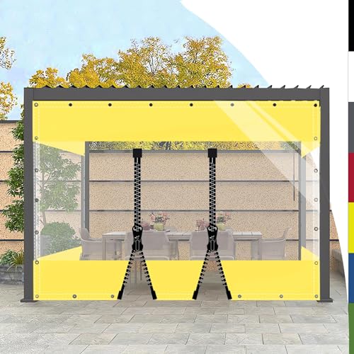 HQQMNY Transparent Plane mit ösen Abdeckplane Wasserfest 0.5mm Outdoorvorhänge mit Ösen Regenschutzplane Zeltplane aus 560g/m² PVC Kälteschutz (Gelb + 2 Reißverschlüsse, H2mxL1,2m) von HQQMNY