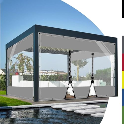 HQQMNY Transparent Plane mit ösen Abdeckplane Wasserfest 0.5mm Outdoorvorhänge mit Ösen Regenschutzplane Zeltplane aus 560g/m² PVC Kälteschutz (Grau + 2 Reißverschlüsse, H2,4mxL6m) von HQQMNY