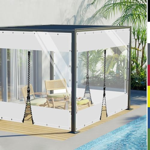 HQQMNY Plane mit ösen Glasklar Abdeckplane Wasserfest 0.5mm Outdoorvorhänge mit Ösen Zeltplane aus 560g/m² PVC Wetterfeste Gewebeplane Regenplane (Weiß + 1 Reißverschluss, H2,6mxL4m) von HQQMNY
