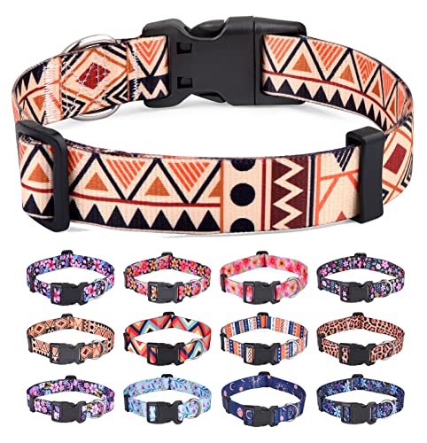 HQYDDMI Hundehalsband, Weich & Komfort Nylon Hunde Halsband, verstellbar für Katze, Welpen, kleine, mittelgroße und große Hunde, mit Blumen Muster(Beige Geometrie,M) von HQYDDMI