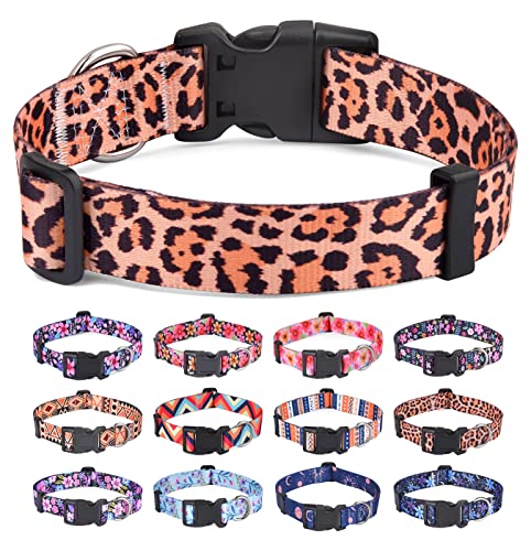 HQYDDMI Hundehalsband, Weich & Komfort Nylon Hunde Halsband, verstellbar für Katze, Welpen, kleine, mittelgroße und große Hunde, mit Blumen Muster(Leopard Muster,M) von HQYDDMI