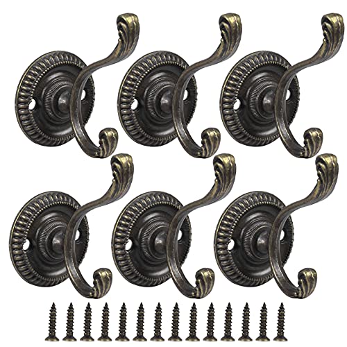 HQdeal Vintage Kleiderhaken 6 Stück Bronze Retro Haken Doppelhaken Garderobenhaken Wandhaken Handtuchhaken Metall Huthaken Mantelhaken mit 12Pcs Schrauben für Badezimmer Küche Büro Toilette von HQdeal