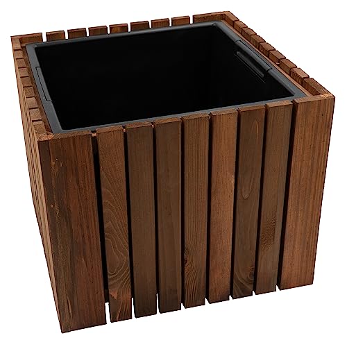 HRB Blumentopf Vintage eckig aus Echtholz braun, hochwertiger Holz Pflanztopf mit Kunststoffwanne mit 22 L Volumen für Innen und Außen, die Pflanzkübel haben EIN einzigartiges Design von HRB