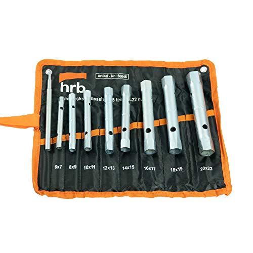 HRB Rohrsteckschlüsselsatz 8-tlg. Größen 6-22 mm inkl. Drehdorn, Schraubenschlüssel Satz in bequemer Tetron Rolltasche, ideales Langnuss Set für Arbeiten am Wasserhahn von HRB